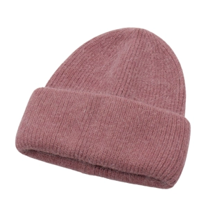 Detail of dusty pink knitted wool bucket hat featuring fluffy mohair texture and ribbed cuff