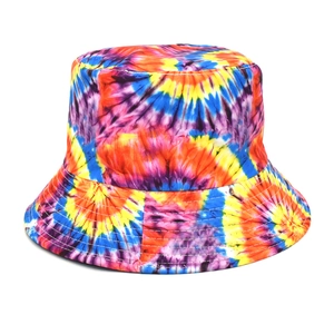 Close-up of rainbow tie-dye reversible bucket hat showing twill cotton texture and stitching