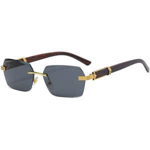 Frameless square sunglasses with grey lenses and dark wood grain metal temples