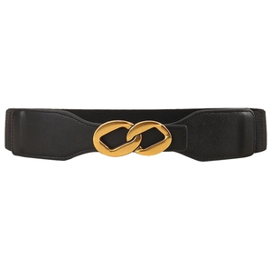 Elastic black waist belt with golden interlocking metal buckle for dresses and coats