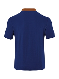 Close-up of the geometric jacquard texture on the back of this blue men's polo shirt