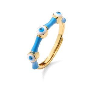 Adjustable gold evil eye open ring featuring blue enamel bamboo segments and nazar beads