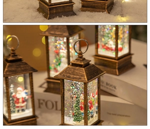 Detail of vintage bronze Christmas lantern featuring Santa, snowy scene, and LED light