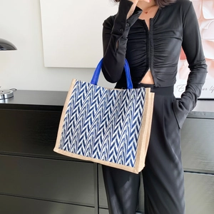 Women Large Capacity Jute Canvas Tote Bag Chevron Wave Pattern Casual Handbag For Commuter Shopping Travel