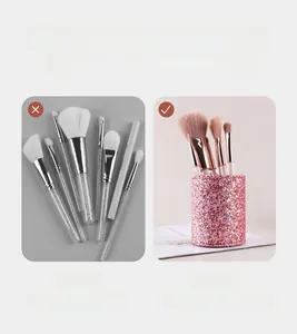 Pink glitter makeup brush organizer showing before and after storage comparison