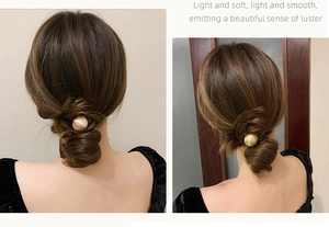 Close-up of minimalist gold bead hair tie worn on a bun hair style for daily wear