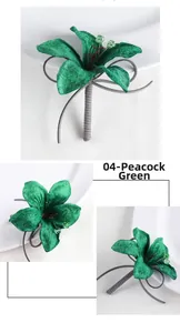 Detailed views of peacock green handmade fabric boutonniere with beads and grey stem wrap
