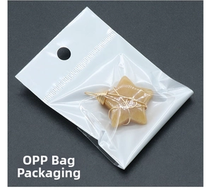 Detailed view of yellow crystal star pendant with gold wire wrap in OPP bag packaging