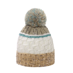 Detail of cable knit beanie showing thick mixed yarn texture and colorful pompom