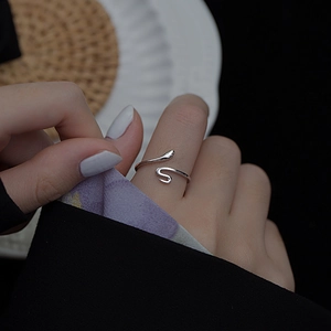 Minimalistischer schlangenförmiger offener Ring in Silber-Optik am Finger getragen für Damen