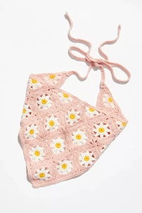 Detailed view of handmade crochet daisy headscarf with pink and white floral patterns