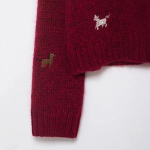 Burgundy mohair knit sweater featuring detailed horse embroidery and ribbed cuffs
