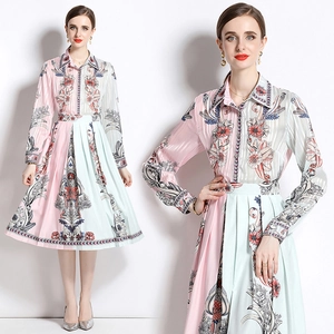 Women Floral Print Color Block Lapel Shirt And Pleated Midi Skirt Elegant Vintage Outfit Polyester