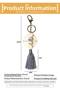 Detailed view of handmade cotton tassel pendant with wood beads and rustic circular plate