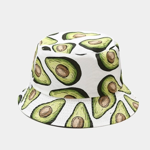 White bucket hat with green avocado fruit print for summer outdoor sun protection