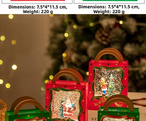 Close-up of Santa Claus snow globe lantern with festive sequins and gold handle details