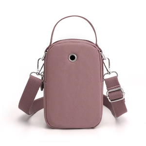 Fashionable lotus pink nylon crossbody phone bag with adjustable wide shoulder strap