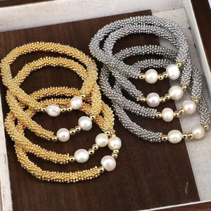 Copper Beaded Bracelet With Artificial Pearls 18K Gold Plated Elastic Handmade Light Luxury Minimalist Jewelry For Women
