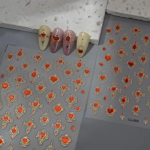 5D Relief Nail Stickers Vintage Baroque Gold Embossed Red Heart Gemstone Cross Design Waterproof Self Adhesive For Women