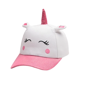 Kids unicorn baseball cap with 3D ears and pink glitter horn on white background