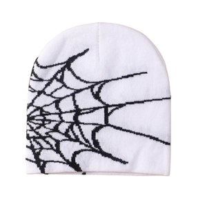 Y2K style white knitted beanie featuring a black spider web jacquard pattern for winter