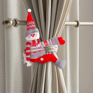 Christmas snowman curtain buckle tieback in red and grey plush for holiday window decor
