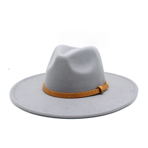 Close-up of grey felt fedora featuring a brown crocodile embossed belt with metal buckle