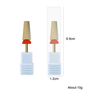 Gold 5-in-1 carbide nail drill bit with fine cross-cut teeth and storage base