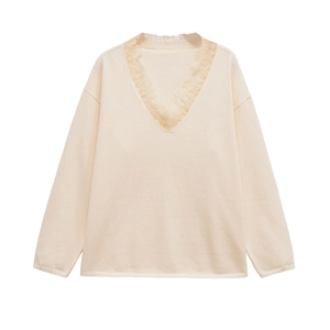 Elegant beige wool blend long sleeve knit sweater featuring a delicate lace V-neckline