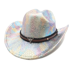 Western cowboy hat with colorful snakeskin texture and vintage bull head metal ornament