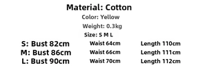Détail de l'ensemble jaune en coton avec caraco à lacets et jupe fendue avec guide des tailles