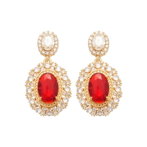 Elegant gold plated oval red gemstone earrings with double halo zircon stones