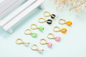 Golden seashell drop earrings in colorful enamel set of four pairs for women