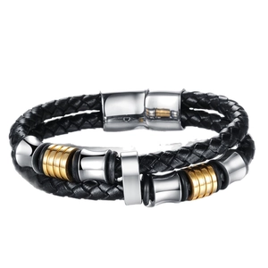Double-layer black braided leather bracelet with gold and silver beads and magnetic clasp
