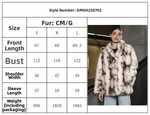 Size chart for women's plush faux fur coat showing dimensions from S to L in centimeters