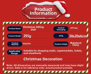 Detailed specifications of the sitting Christmas elf doll showing dimensions and materials