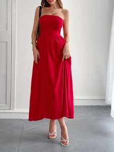 Elegant red strapless A-line maxi dress for women in high quality soft fabric