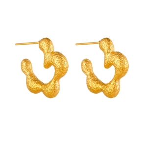 Minimalist golden stainless steel open flower stud earrings with hammered metal texture