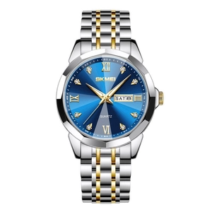 Luxury blue dial quartz watch with two-tone silver and gold steel strap for men