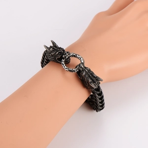 Retro stainless steel dragon head bracelet with thick braided chain and ring clasp