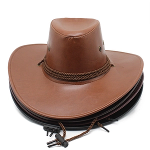 Classic brown PU leather western cowboy hat with braided trim and adjustable chin strap