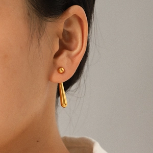 Minimalist 18K gold stainless steel long drop earrings with polished ball and teardrop pendant