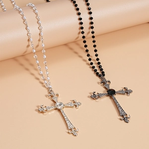Gothic cross pendant necklaces with faux pearls and crystals in silver and black finish