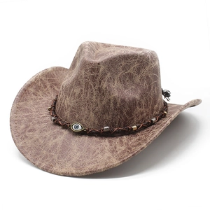 Cappello da cowboy vintage in finta pelle scamosciata marrone con decoro etnico