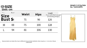 Size chart for the elegant yellow satin slip dress featuring bust, waist, and hip dimensions
