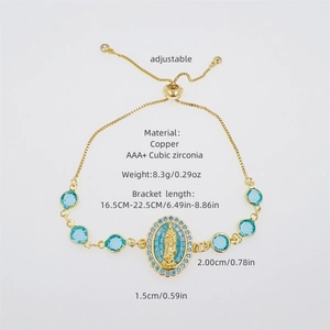 Macro detail of 18K gold-plated adjustable bolo bracelet with blue cubic zirconia