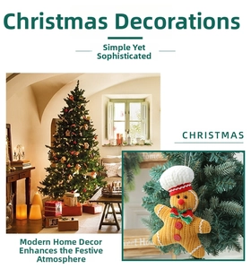 Close-up of knitted gingerbread man ornament with chef hat on a decorated Christmas tree