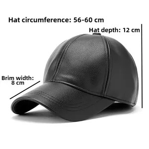 Detail of black pebbled leather baseball cap showing texture, 56-60cm girth, 8cm brim