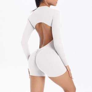 Detailed back view showing the cutout design and ruched lifting detail on the white bodysuit