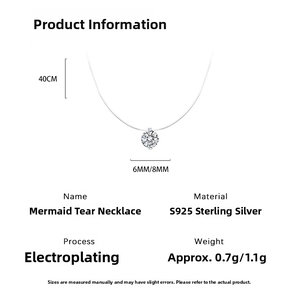 Detailed specs of S925 sterling silver mermaid tear necklace with transparent fishline
